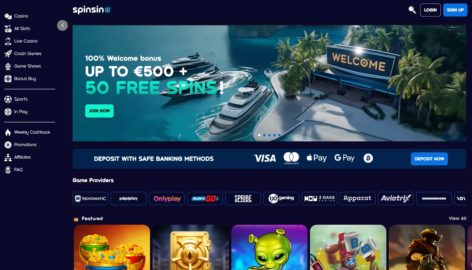 Spinsino Casino hemsida med välkomstbonus freespins och slots
