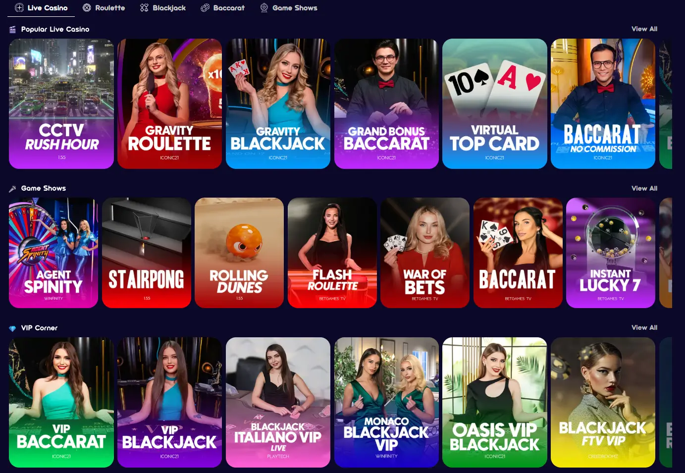 Spinsino Casino live casino-lobby med roulette blackjack baccarat och spelshower