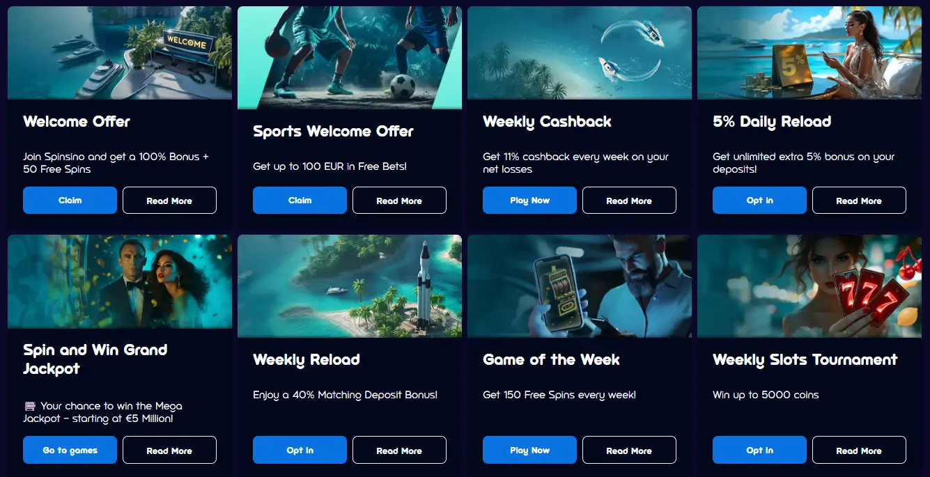 Spinsino Casino kampanjer med välkomstbonus cashback reload och slotturneringar